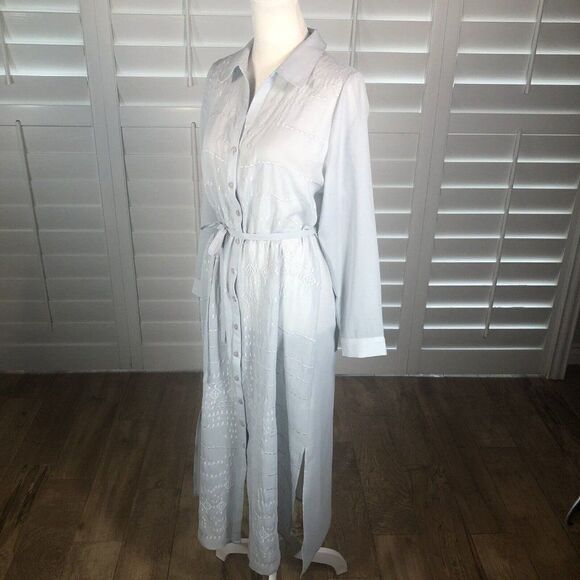 Soft Surroundings Pale Gray Sheer Chiffon Button Up Duster Dress PS Collared Tie - Picture 4 of 12
